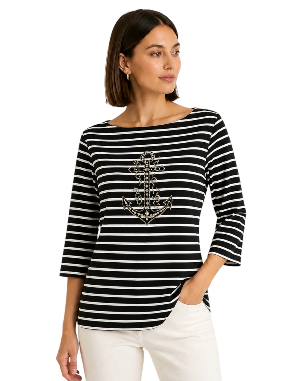 Y2K Christine Alexander Swarovski Crystal Nautical Breton Stripe Bateau Neck Top